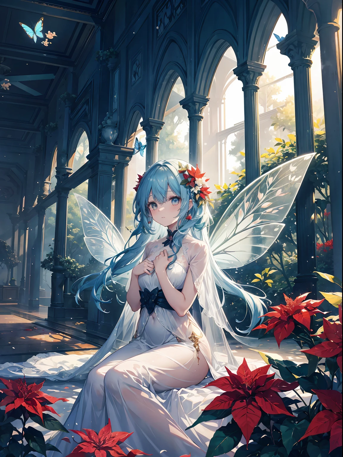 In the deep forest, a fairy in a beautiful Poinsettia dress appeared from among the shining trees. She has small wings, and everyone will be fascinated by her delicate and beautiful appearance.

The fairy was sitting in the shining forest and looking around. Beautiful flowers and colorful butterflies were dancing ahead of her. Every time the wind blew, the trees shook, as if the forest itself was breathing.