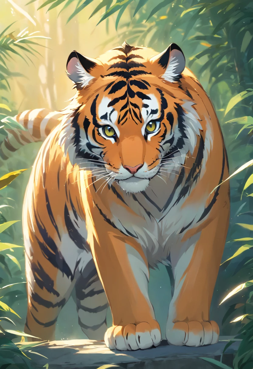 Generate ultra-high-definition images by capturing the chic Siberian tiger, Standing cute tiger pose. Use advanced macro photography techniques to highlight the intricate details of the Siberian tiger's fur, lbeard, and expressive eyes. Place the camera at the level of the tiger's eye, Create an intimate connection between the viewer and the feline. Achieve a large aperture for shallow depth of field, Let the tiger stand out against a slightly blurred background. Improve lighting to emphasize the texture and contour of the cat's body, Soft use, Diffuse lighting eliminates hard shadows and creates soft shadows, comfortable atmosphere. Catch cats in a relaxed but balanced pose, Show its flexibility and elegance. Try to capture moments in natural motion, Such as stretching or combing, Convey realism. Implement post-processing techniques to optimize image clarity, contrast, and color balance, Ensure every aspect, From the intricate pattern of the tiger to its intense gaze, The rendering details are amazing. Enfim, Convey the serene beauty and innate elegance of a tiger, Capture a fleeting moment,Celebrate the unique nature of feline curiosity and composure.,Cute tiger,Digital painting style