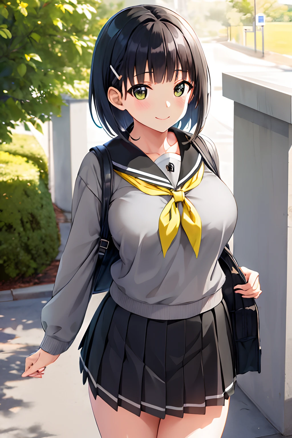 masutepiece, Best Quality, hight resolution, nffsw, Short hair, hair clips, Large breasts, grey sweater, black sailor collar, Yellow neckerchief, Black skirt, Standing, Cowboy Shot, Outdoors、A smile、(Large medium milk),I have a school bag