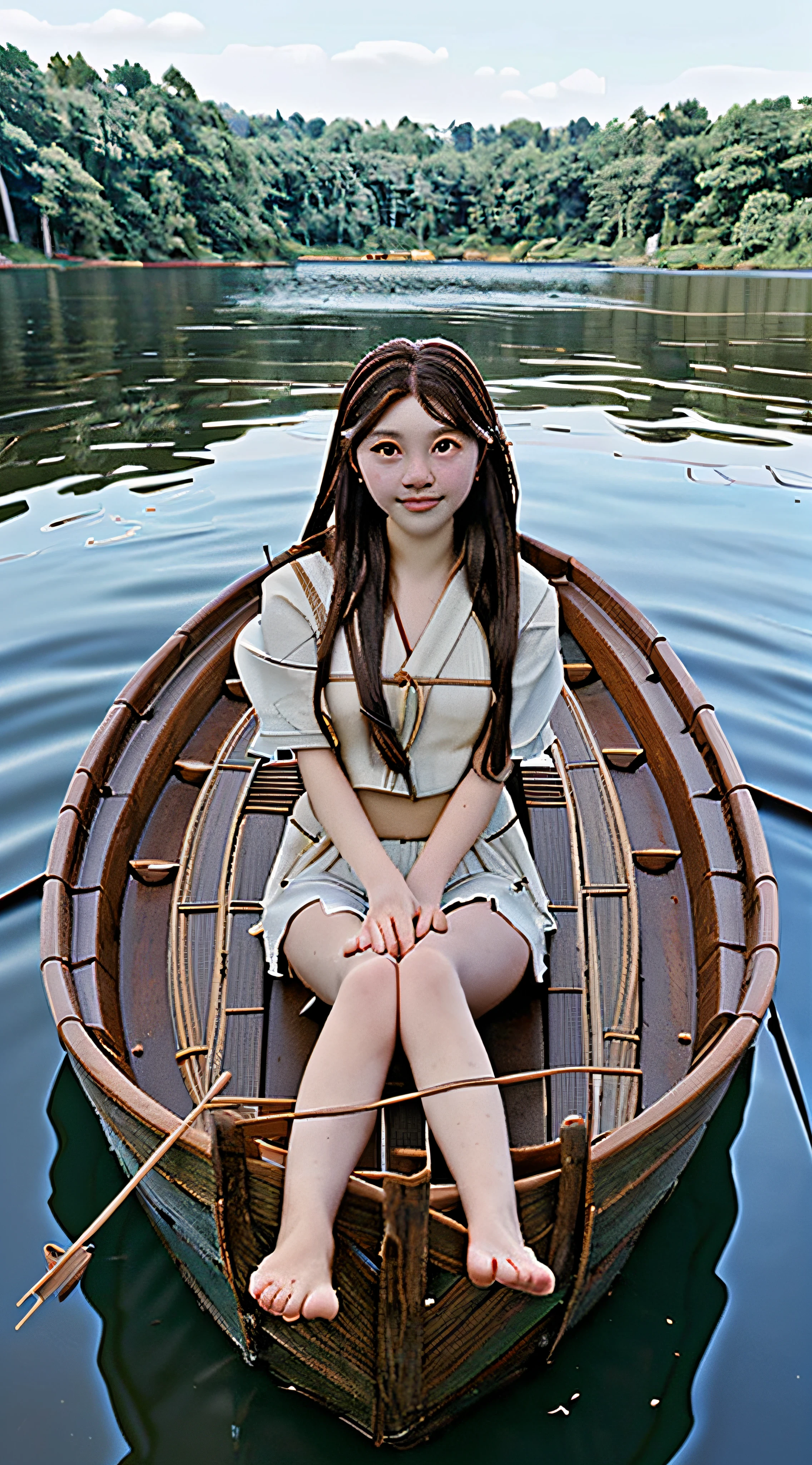 A vision of people and things，early summer，In a lake, in the middle of which was lined with weeds, there was a wooden boat on which a beautiful long-haired girl was sitting，Kawacy style，ultraclear