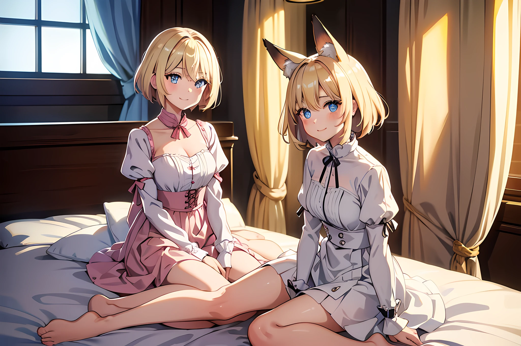 1 fox eared girl, beautiful eyes finely detailed, Face to detail, blonde hair color, short hair, 16th century outfit, long skirt, sitting on bed with arms behind her back, mischievous facial expression, smiling, blush on her face, camera angle from top, full body, masterpiece sidelighting, ​masterpiece, top-quality, detailed, High resolution illustration