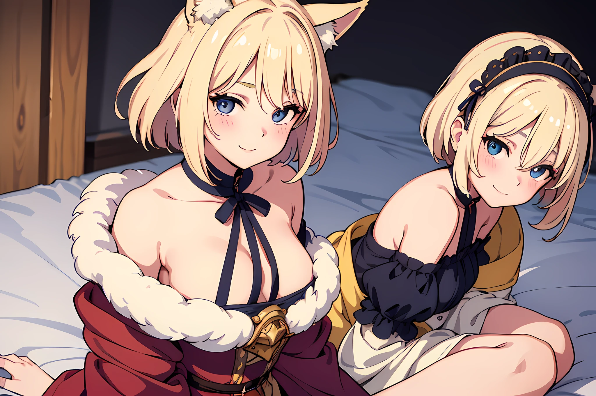 1 fox eared girl, beautiful eyes finely detailed, Face to detail, blonde hair color, short hair, 16th century outfit, long skirt, sitting on bed with arms behind her back, mischievous facial expression, smiling, blush on her face, camera angle from top, full body, masterpiece sidelighting, masterpiece, top-quality, detailed, High resolution illustration