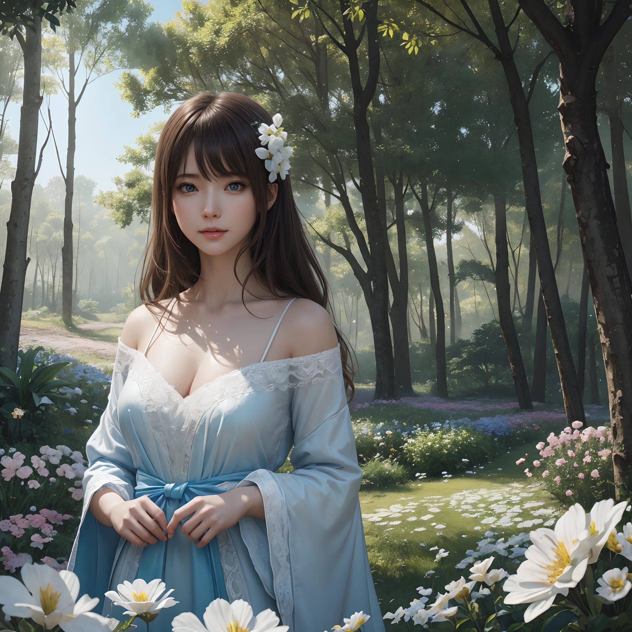 hightquality、8K Ultra HD、fullllbody、16 years old women、Gentle smile、nailart、robe blanche、light brown hair、Blue eyes、(Lovely healing forest and flower field in the background)、cute little、Beautiful fece、portlate、Antique architecture、Idyllic forest、art by:Alberto Seveso、Abstract art style、Complex and intricate watercolor painting 、digitial painting、concept-art、Volumetric lighting、TanvirTamim、metal reflective、2d render、8K。 by artgerm、Trending on ArtStation