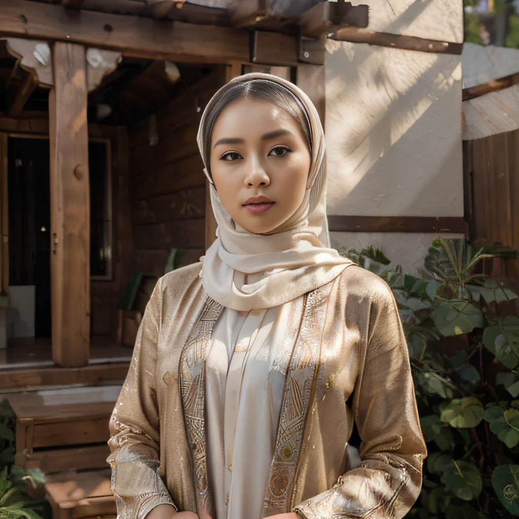 1girl, gorgeous Indonesian woman, silk abaya, hijab, smiling, shy, opened mouth, visible teeth, hot mom, full body portrait, (best quality,4k,8k,highres,masterpiece:1.2),ultra-detailed,(realistic,photorealistic,photo-realistic:1.37),HDR,UHD,studio lighting,ultra-fine painting,sharp focus,physically-based rendering,extreme detail description,professional,vivid colors,bokeh,portraits,warm color tones,dramatic lighting