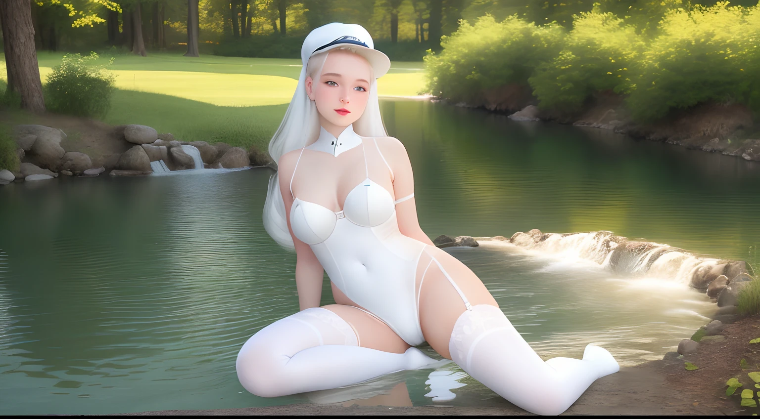 Real Beauty 20yr old white stockings by lake