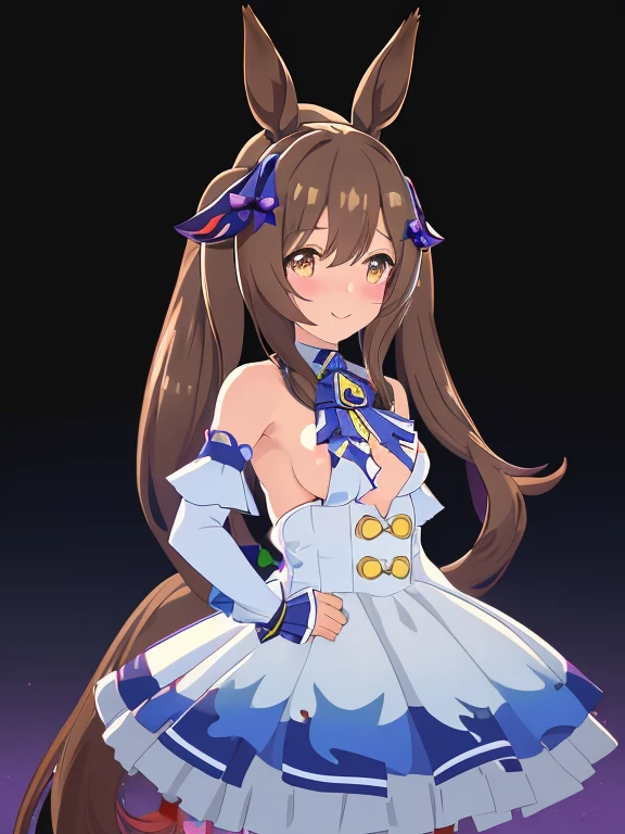 Fal、topquality, Horse Girl, Quiet Suzuka, ((Uma Musume))), Perfect Skin, real looking skin, Detail skin, 8K, (breasts are small:1.4)Cosmana Nafta Costume, (Pour into the air), Girls look at us, ssmile, Joying, Brown hair, Hair long, cyan eyes, Horse ears, Horse's tail on the hip, It's hard to breathe, space suits, Outer space, earth in space, The Sun in Space, light reflections, Stars