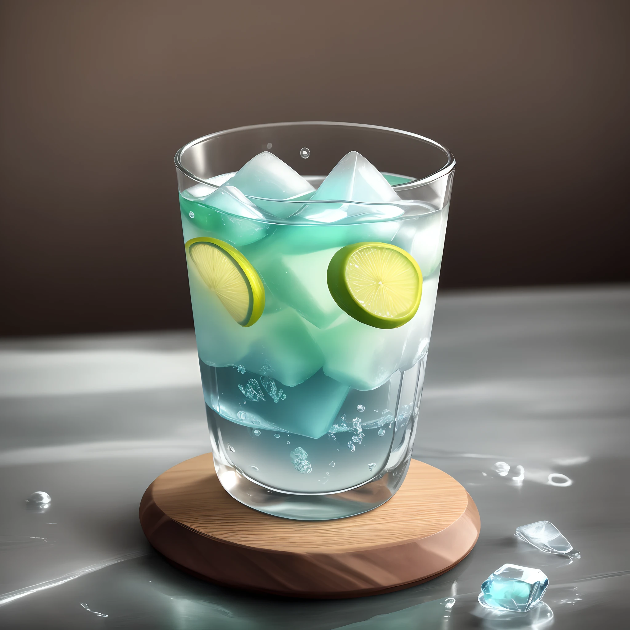 Large glass of ice water, gotas escorrendo, On top of a granite table with the inscription "You have already drunk water today"