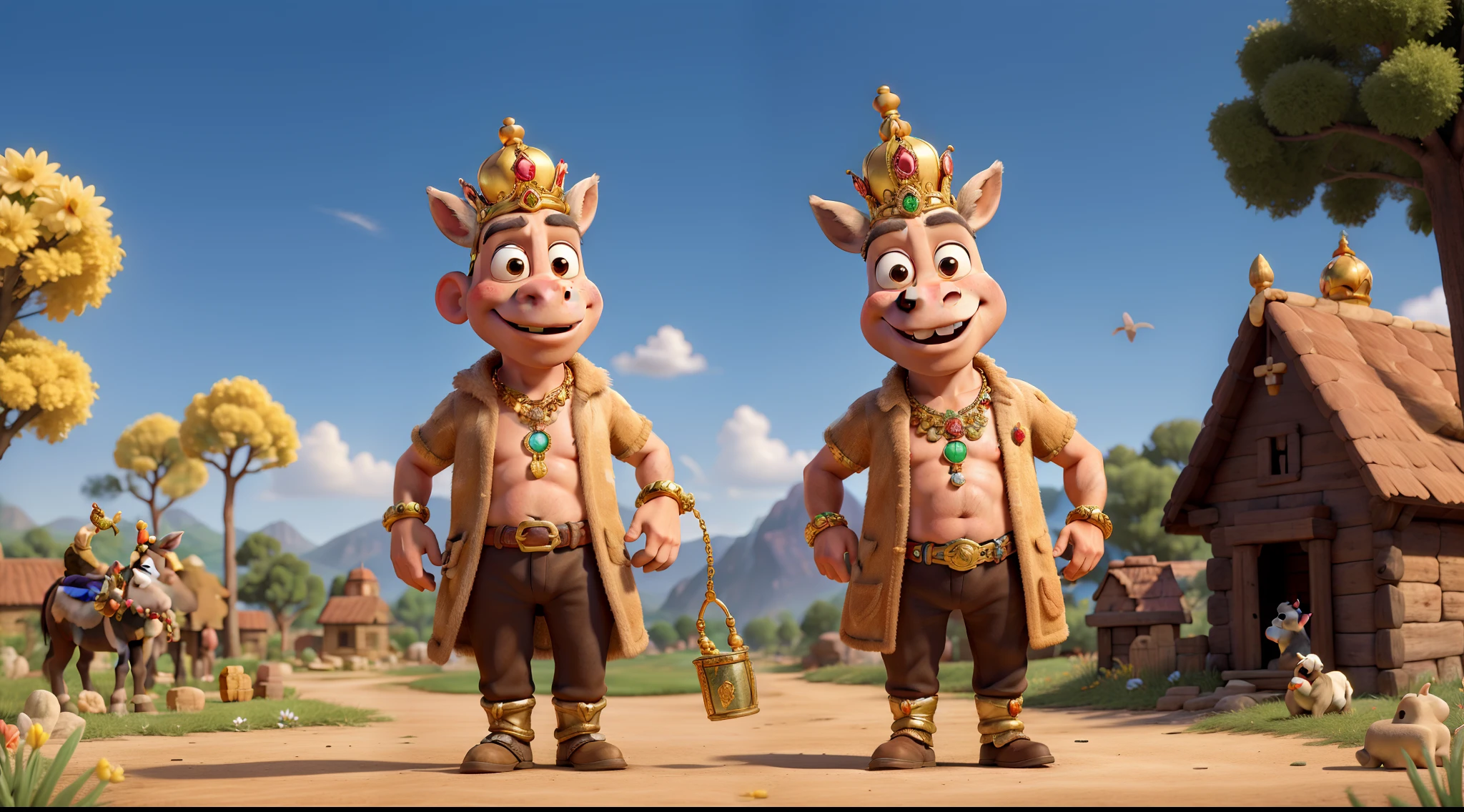 donkey man who is a wealthy king, wearing a jeweled crown and other jewelry, holding coins in hand, background is springtime landscape, mood is productive constructive, bravery, power, daytime light, character design.