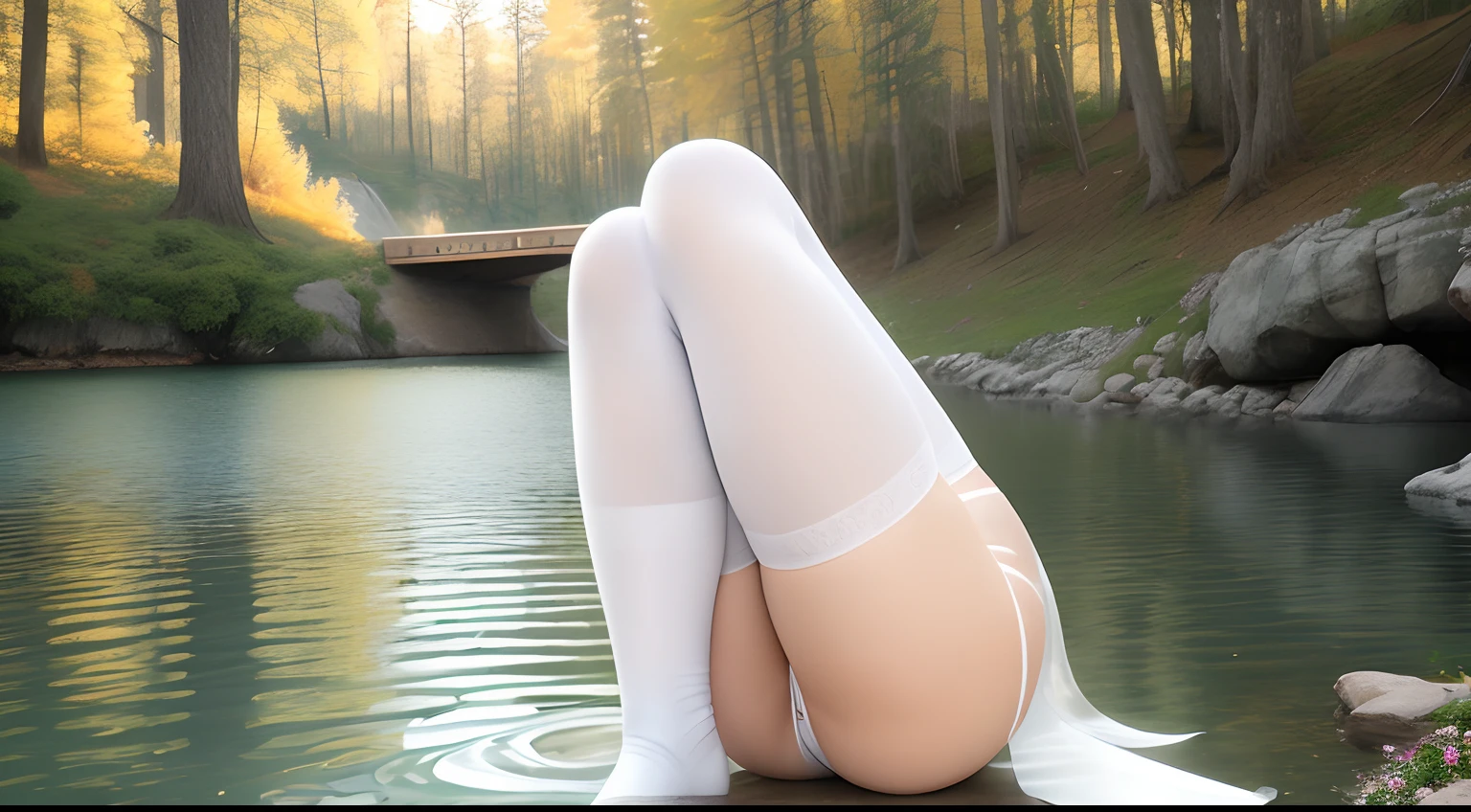 Real Beauty 20yr old white stockings by lake