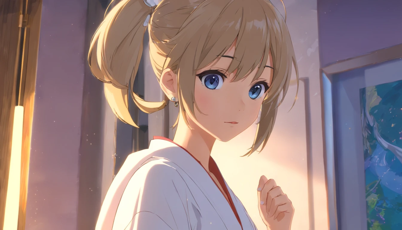 (Best quality, Masterpiece:1.2), 超高分辨率, Realistic, Front lighting, intricately details, Exquisite details and textures, 1girll, Solo ,(Young), face highlight, Upper body, Detailed face, tear-mole, White skin, Silver hair, pony tails, pigtail hair, view the viewer, Big eyes, Silk robe, (hollow pattern, White, Silk), Earrings, Small breasts, Slim body, luxury room, Professional lighting, フォトンマッピング, ラジオシティ, Physically-based rendering,