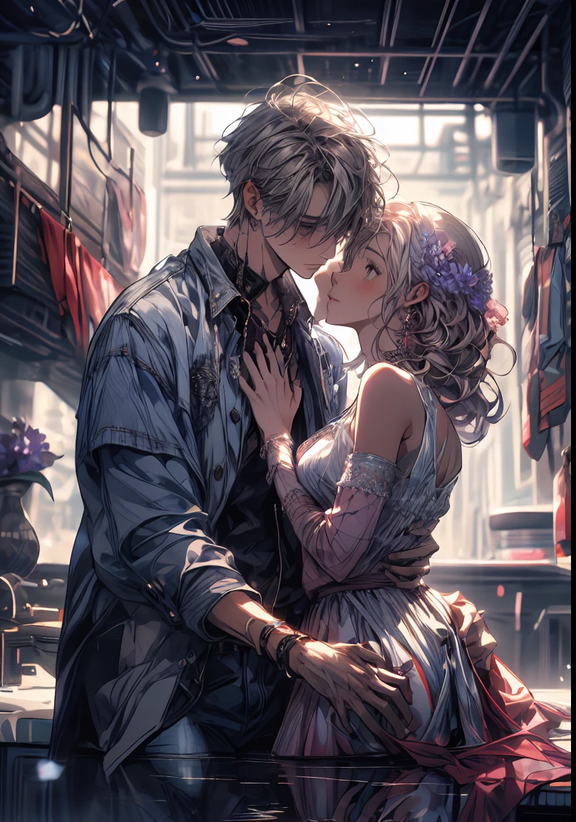 ((absurdres, higher, ultra HD)) 1 male, 1 female,mature, kissing each other, girl is sit on the wash basin, guy is front of her slightly bend towards her, man is shirtless, wearing blue jeans ,woman wearing beautiful pink dress, wisteria flower around them, beautiful, scenary, romantic,((calm and romantic expression:1.2)) ,pixiv, digital painting, mascular man, beautiful elegant woman, (gray stylish hair for man), (brown long hair for woman)