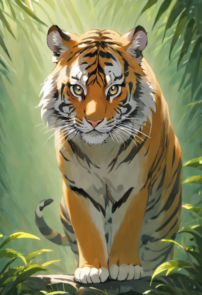 Generate ultra-high-definition images by capturing the chic Siberian tiger, Standing cute tiger pose. Use advanced macro photography techniques to highlight the intricate details of the Siberian tiger's fur, lbeard, and expressive eyes. Place the camera at the level of the tiger's eye, Create an intimate connection between the viewer and the feline. Achieve a large aperture for shallow depth of field, Let the tiger stand out against a slightly blurred background. Improve lighting to emphasize the texture and contour of the cat's body, Soft use, Diffuse lighting eliminates hard shadows and creates soft shadows, comfortable atmosphere. Catch cats in a relaxed but balanced pose, Show its flexibility and elegance. Try to capture moments in natural motion, Such as stretching or combing, Convey realism. Implement post-processing techniques to optimize image clarity, contrast, and color balance, Ensure every aspect, From the intricate pattern of the tiger to its intense gaze, The rendering details are amazing. Enfim, Convey the serene beauty and innate elegance of a tiger, Capture a fleeting moment，Celebrate the unique nature of feline curiosity and composure.，Cute tiger，Digital painting style