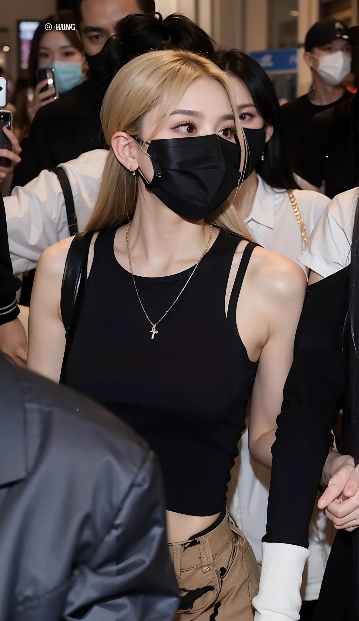 A closeup of a person wearing a face mask and a black top, she is wearing a black tank top, jia, jossi do blackpink, neck zoomed in, KDA, wearing all black mempo mask, Cl, visible neck, vestindo roupas pretas, vestindo roupas pretas, usando uma regata preta cropped, Parque Roseanne do Blackpink