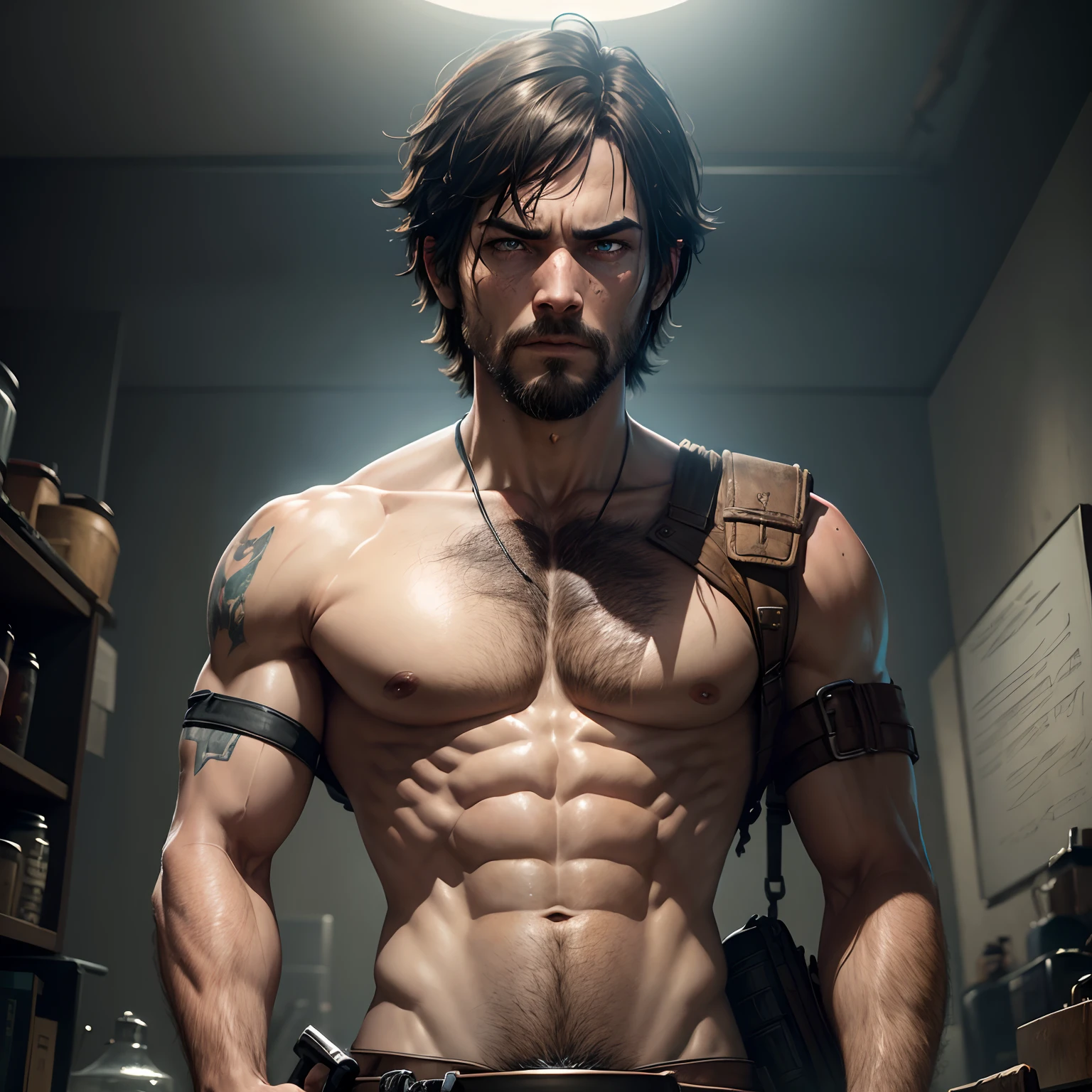 8k, masterpiece, best quality, realistic, higly detailed, cowboy shot, 1boy, solo, Fuutarou, young man, fair skin, black hair, bowl cut, two strands sticking up from the back of his head, bangs that cover his forehead, blue eyes, slim physique, tall build, tends to slouch, serious expression, scary and thuggish vibe, bad guy, The Last of Us