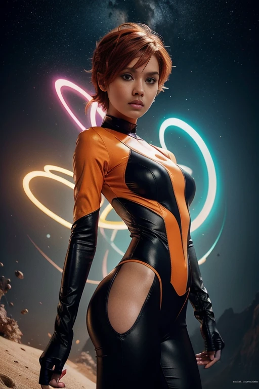 concept art, overhead angle of a Will-o'-the-wisp, wearing Funny Somali Emerald deep orange bodysuit, Caramel hair styled as Short hair, fluorescent purple Hair tie, equirectangular 360, Highres,  [(art by Willi Baumeister:1.1), (art by John T. Biggers:1.2)::17], official art, unity 8k wallpaper, ultra detailed, aesthetic, masterpiece, best quality, photorealistic