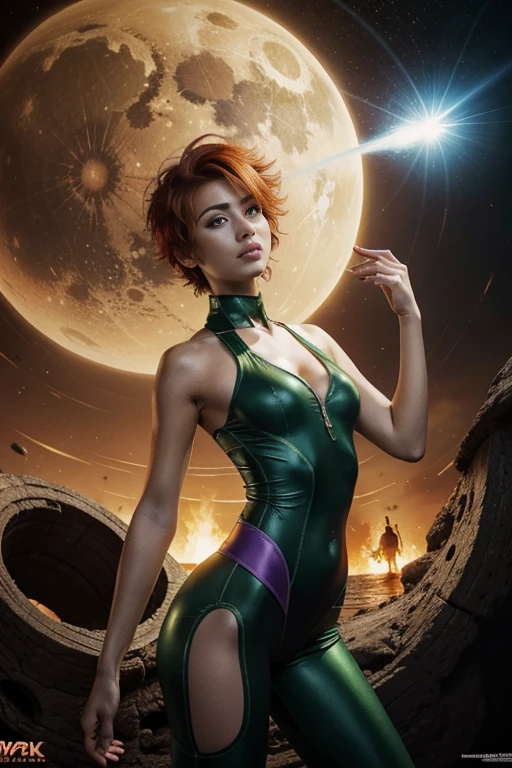 concept art, overhead angle of a Will-o'-the-wisp, wearing Funny Somali Emerald deep orange bodysuit, Caramel hair styled as Short hair, fluorescent purple Hair tie, equirectangular 360, Highres,  [(art by Willi Baumeister:1.1), (art by John T. Biggers:1.2)::17], official art, unity 8k wallpaper, ultra detailed, aesthetic, masterpiece, best quality, photorealistic