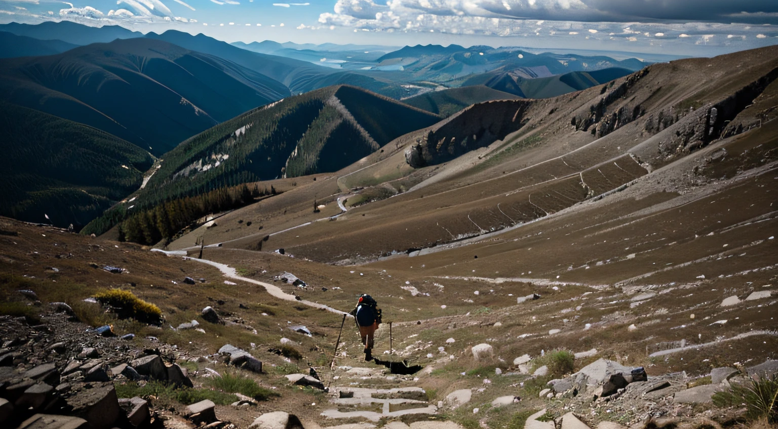 From high above, the camera captures a lone hiker ascending a rugged mountain path. With each step, they defy the steep terrain, a metaphor for our own determination in overcoming obstacles and aiming for the heights.