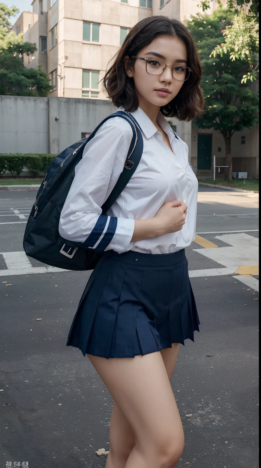 (Best Quality, 8k, 32k, Masterpiece, UHD:1.3), (kpop idol:1.3), 1 Girl, (short wavy hair), (wearing indonesian high school uniform), Ultra Detailed Face, Detailed Lips, Fine Eyes, double eyelids, (aroused:1.5)) , wearing uniform school, uniform school, wearing glasses, wearing school bag, walking on school area, perfect poses, wearing shoes, uniform school, bag full of books, colourful uniform school