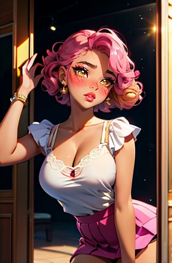 1fille, (Best quality:1.1), (Masterpiece:1.4), (absurdes:1.0), portrait, 1fille, (cheveux volumineux)+ , ((curly hair))++, cheveux longs, ((dark skinned))++, (((cheveux roses ))), (golden eyes), Cheveux courts, Gros Seins, Pink Hair , (big lips)+, Minijupe, Mini Skirt, White Top, Vibrant colors, sidelocks, peau brillante, Brillant, Sparks, aube, lever du soleil, Ciel du matin, Decor Urbain, bra, Bas dentelle, Fioritures, pose dynamique, seiza