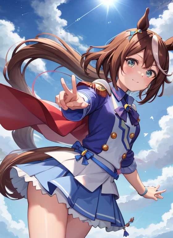 topquality, Horse Girl, Tōkai Teiō, ((Uma Musume))), Perfect Skin, real looking skin, Detail skin, 8K, Cosmana Nafta Costume, (Pour into the air), Girls look at us, ssmile, Joying, Brown hair, Hair long, cyan eyes, Horse ears, Horse's tail on the hip, It's hard to breathe, space suits, Outer space, earth in space, The Sun in Space, light reflections, Stars