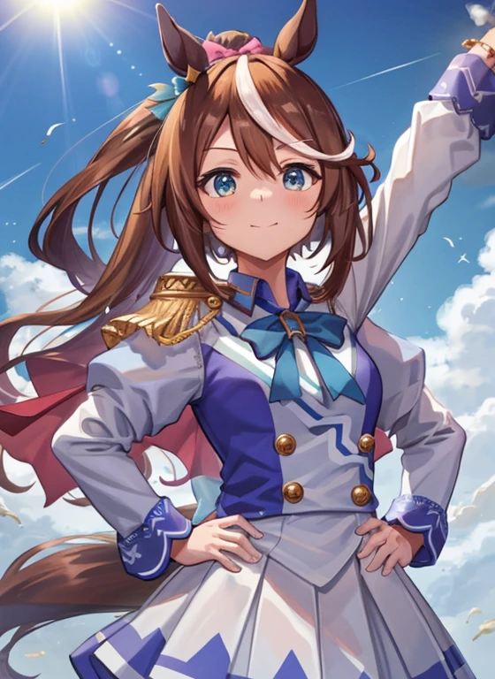 topquality, Horse Girl, Tōkai Teiō, ((Uma Musume))), Perfect Skin, real looking skin, Detail skin, 8K, Cosmana Nafta Costume, (Pour into the air), Girls look at us, ssmile, Joying, Brown hair, Hair long, cyan eyes, Horse ears, Horse's tail on the hip, It's hard to breathe, space suits, Outer space, earth in space, The Sun in Space, light reflections, Stars