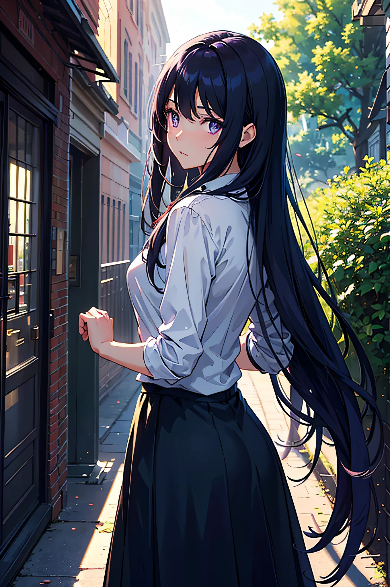 beautiful heroine with midnight hair, purple eyes, and long flowing hair, mid shot of girl, high school in the background with a bustling crowd, the protagonist standing slightly turned away from the camera, head turned back with a shy expression. A sense of mystery and elegance surrounds her as she stands in the foreground, her face softly illuminated by the sunlight streaming through the trees. The heroine's eyes captivate the viewer with their deep purple color, sparkling with an inner light. Her midnight hair cascades gently over her shoulders, adding to her enchanting presence. The high school building looms in the background, with students moving about and chatting in excited clusters. The atmosphere is filled with youthful energy and anticipation. The protagonist, with her back turned towards the camera, suggests a shy and introspective nature. Despite this, her gaze, angled towards the viewer, carries a sense of curiosity and vulnerability. The overall scene exudes a feeling of gentle longing, as if capturing a fleeting moment of quiet beauty amidst the bustling school environment. The image quality is of the highest caliber, with every detail meticulously rendered. The picture showcases sharp focus, vivid colors, and a realistic, photorealistic style. The lighting is soft and warm, casting a gentle, flattering glow on the protagonist's features. This prompt is sure to inspire Stable Diffusion to generate a breathtaking and emotive image of a beautiful and mysterious heroine in a high school setting.'