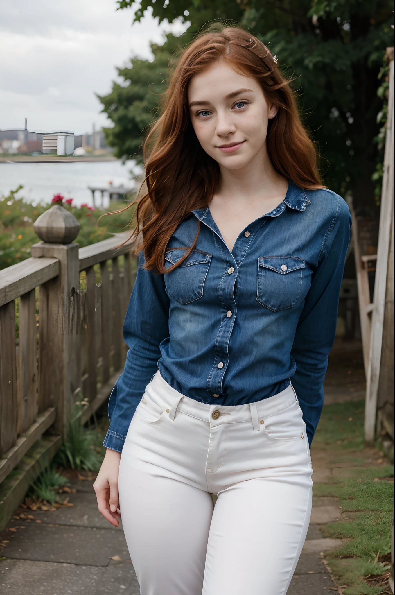 white woman named Irish_Saoirse, 18-year-old, of Irish origin, redhead, with blushing cheeks, with dimples, with freckles, with a pretty body, Full body photography, looking straight ahead, very happy, tender and flirtatious, with physical characteristics of Ireland , red blouse and jeans photograph taken in vibrant City, realistic, hyperrealistic