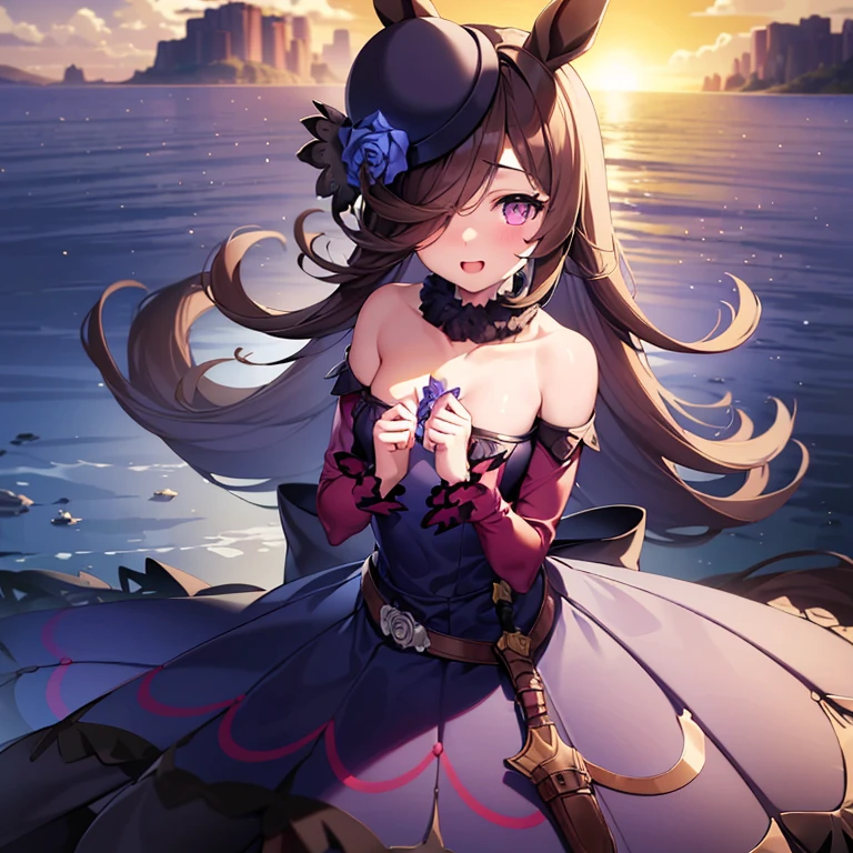 ​masterpiece、top-quality、the perfect body、Cosplay、young body、Young Face、Very cute and beautiful girl、Beautiful face and eyes、Beautiful hair、beautiful detailed dress with many frills、独奏、1womanl、Full body drawing、Dynamic Angle、Uma Musume's Rice Shower、Big horse ears、Cute horse tail、Purple Dress、Cute purple hat、modest bust、Beautiful small breasts、(tiny chest:1.6)、small tits、A-cup、Slender body、Spiteful smile、Open mouth、red blush、Shy face、topquality, Horse Girl, Perfect Skin, real looking skin, Detail skin, 8K, (breasts are small:1.4)Cosmana Nafta Costume, (Pour into the air), Girls look at us, ssmile, Joying, Hair long, Horse ears, Horse's tail on the hip, It's hard to breathe, space suits, Outer space, earth in space, The Sun in Space, light reflections, Stars