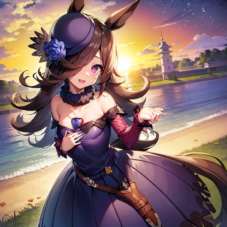 ​masterpiece、top-quality、the perfect body、Cosplay、young body、Young Face、Very cute and beautiful girl、Beautiful face and eyes、Beautiful hair、beautiful detailed dress with many frills、独奏、1womanl、Full body drawing、Dynamic Angle、Uma Musume's Rice Shower、Big horse ears、Cute horse tail、Purple Dress、Cute purple hat、modest bust、Beautiful small breasts、(tiny chest:1.6)、small tits、A-cup、Slender body、Spiteful smile、Open mouth、red blush、Shy face、topquality, Horse Girl, Perfect Skin, real looking skin, Detail skin, 8K, (breasts are small:1.4)Cosmana Nafta Costume, (Pour into the air), Girls look at us, ssmile, Joying, Hair long, Horse ears, Horse's tail on the hip, It's hard to breathe, space suits, Outer space, earth in space, The Sun in Space, light reflections, Stars