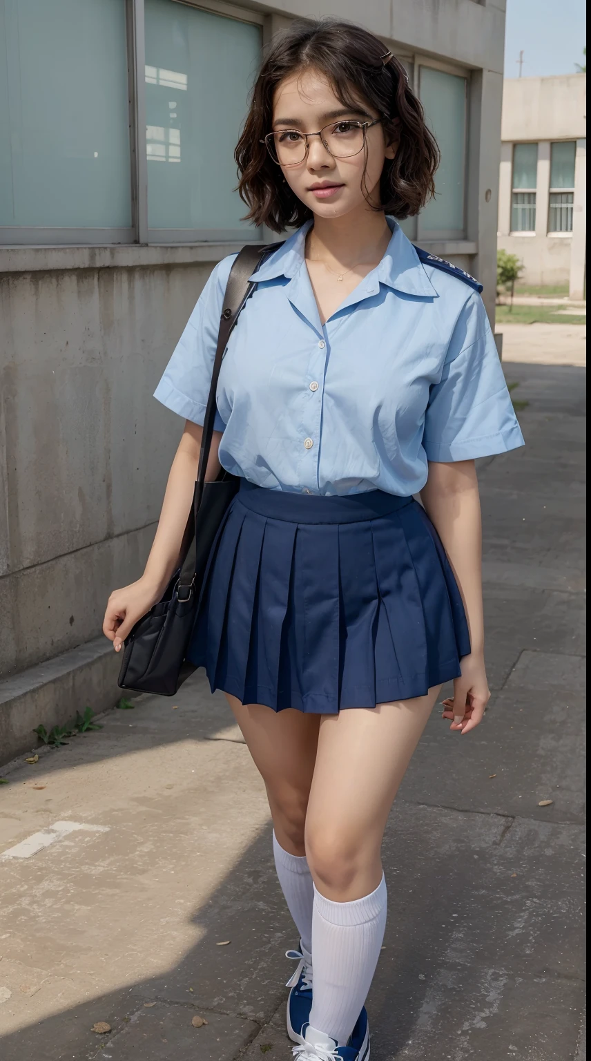 (Best Quality, 8k, 32k, Masterpiece, UHD:1.3), (kpop idol:1.3), 1 Girl, (short wavy hair), (wearing indonesian high school uniform), Ultra Detailed Face, Detailed Lips, Fine Eyes, double eyelids, (aroused:1.5)) , wearing uniform school, uniform school, wearing glasses, wearing school bag, walking on school area, perfect poses, wearing shoes, uniform school, bag full of books, colourful uniform school