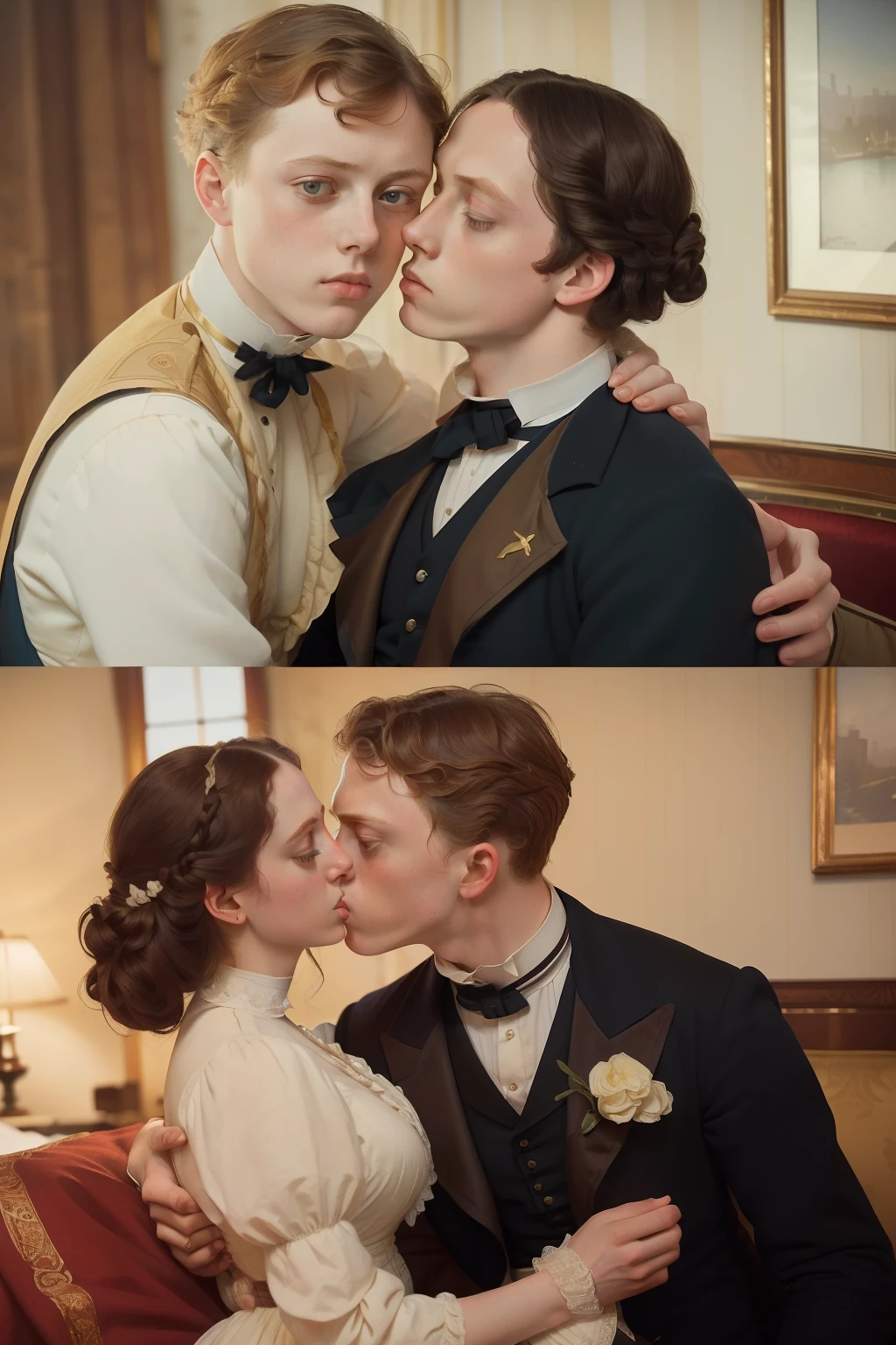 year: 1864. Location: Chicago. Pre-Raphaelite (((21-year-old George MacKay))), with a 24-year-old woman, hotel room, (((kissing))), ((((Clothing from the 1860s)))) ((Hairstyle of the 1860s)), ((("OMITB" cinematography)))