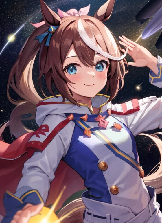 topquality, Horse Girl, Tōkai Teiō, ((Uma Musume))), Perfect Skin, real looking skin, Detail skin, 8K, Cosmana Nafta Costume, (Pour into the air), Girls look at us, ssmile, Joying, Brown hair, Hair long, cyan eyes, Horse ears, Horse's tail on the hip, It's hard to breathe, space suits, Outer space, earth in space, The Sun in Space, light reflections, Stars