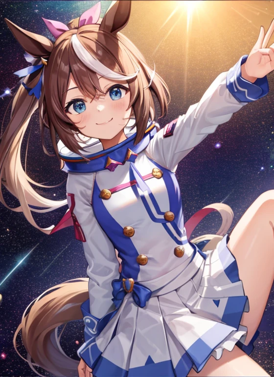 vague、topquality, Horse Girl, Quiet Suzuka, ((Uma Musume))), Perfect Skin, real looking skin, Detail skin, 8K,(Pour into the air), Girls look at us, ssmile, Joying, Brown hair, Hair long, Horse ears, Horse's tail on the waist, It's hard to breathe, space suits, Outer space, earth in space, The Sun in Space, light reflections, Stars