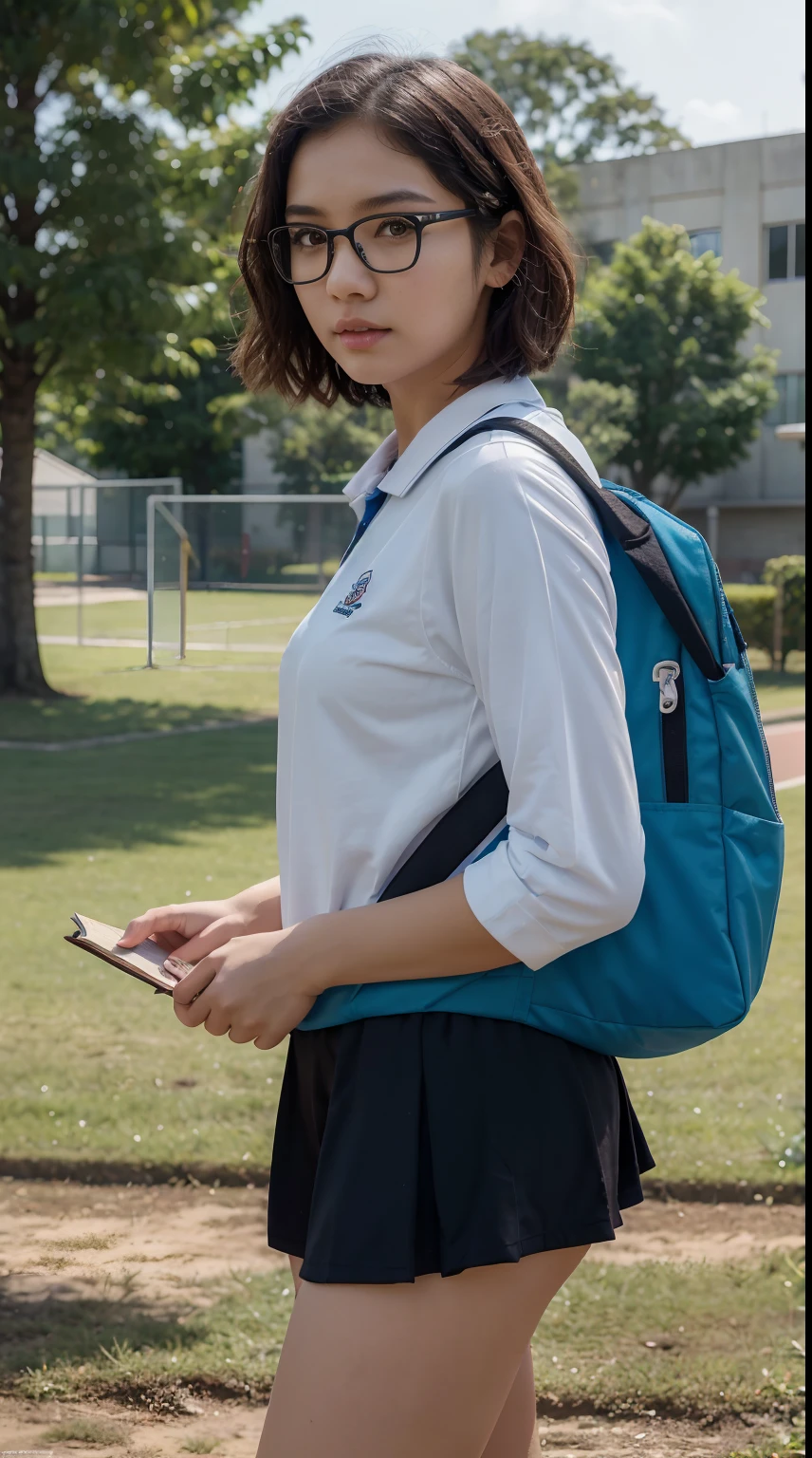 (Best Quality, 8k, 32k, Masterpiece, UHD:1.3), (kpop idol:1.3), 1 Girl, (short wavy hair), (wearing indonesian high school uniform), Ultra Detailed Face, Detailed Lips, Fine Eyes, double eyelids, (aroused:1.5)) , wearing sport shirt, school sport shirt, wearing glasses, wearing school bag, walking on school sport area, perfect poses, wearing sport shoes, school sport shirt , bag full of books, colourful school sport shirt, on sport area