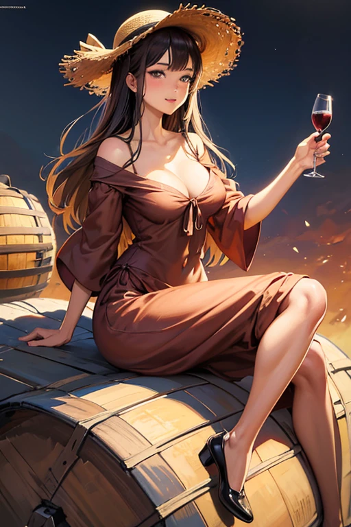 painting of a woman in a straw hat standing in a barrel of wine, milo manara, milo manara style, milo manara - h 1 2 0 0, by Gustaf Tenggren, full color illustration, frank frzetta, frank franzetta, ( art fitzpatrick ), inspired by Gustaf Tenggren, by Greg Hildebrandt, by Rodolfo Escalera