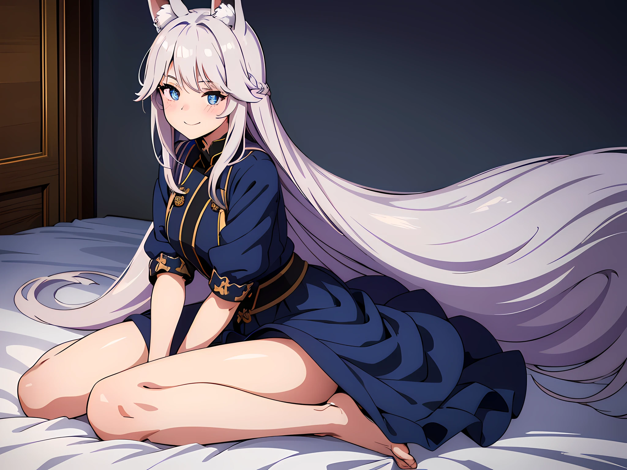 1 fox eared girl, (beautiful eyes finely detailed, Face to detail, navy hair color, long hair), wearing 16th century outfit, long skirt, sitting on bed with arms behind her back, mischievous facial expression, smiling, blush on her face, full body, masterpiece sidelighting, masterpiece, top-quality, detailed, High resolution illustration