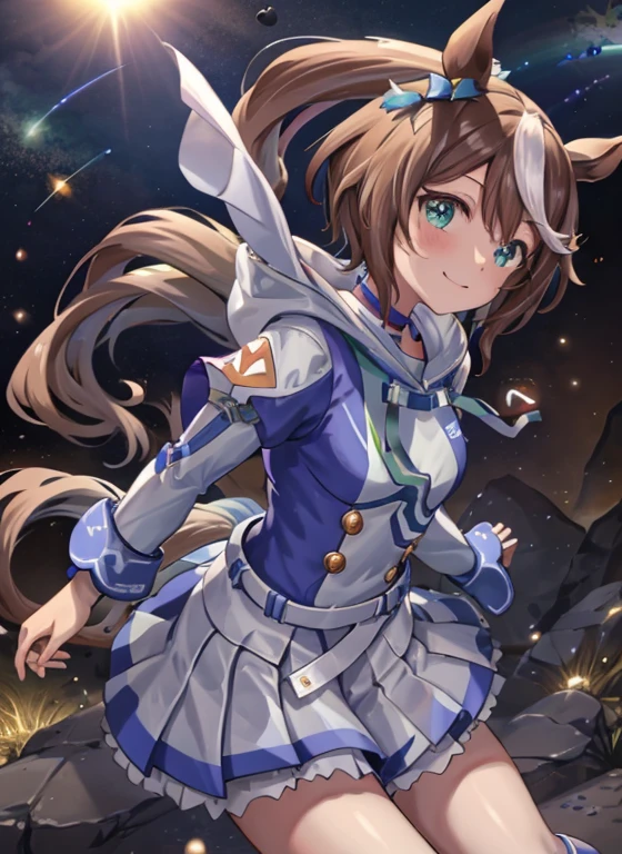topquality, Horse Girl, Tōkai Teiō, ((Uma Musume))), Perfect Skin, real looking skin, Detail skin, 8K, (space suits):1.2,body suit, (Pour into the air), Girls look at us, ssmile, Joying, Hair long, , Horse ears, Horse's tail on the waist, It's hard to breathe, (space suits):1.3, Outer space, earth in space, The Sun in Space, light reflections, Stars