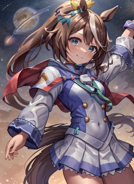 topquality, Horse Girl, Tōkai Teiō, ((Uma Musume))), Perfect Skin, real looking skin, Detail skin, 8K, (space suits):1.2,body suit, (Pour into the air), Girls look at us, ssmile, Joying, Hair long, , Horse ears, Horse's tail on the waist, It's hard to breathe, (space suits):1.3, Outer space, earth in space, The Sun in Space, light reflections, Stars