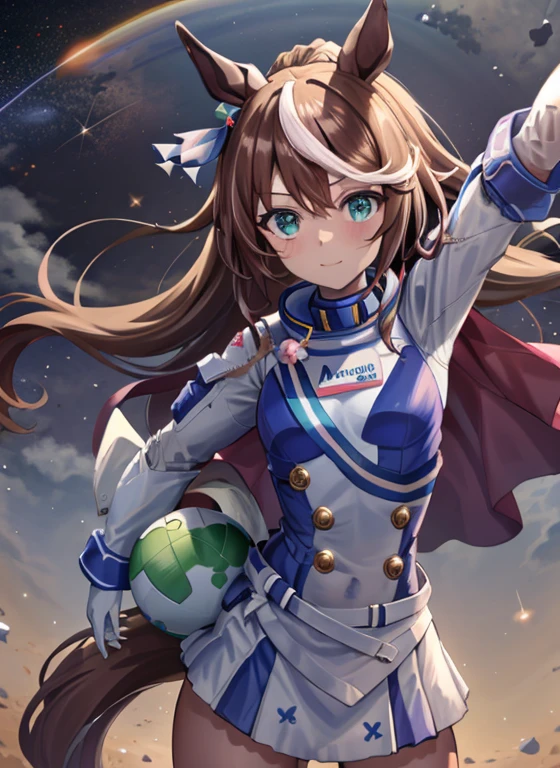topquality, Horse Girl, Tōkai Teiō, ((Uma Musume))), Perfect Skin, real looking skin, Detail skin, 8K, (space suits):1.2,body suit, (Pour into the air), Girls look at us, ssmile, Joying, Hair long, , Horse ears, Horse's tail on the waist, It's hard to breathe, (space suits):1.3, Outer space, earth in space, The Sun in Space, light reflections, Stars