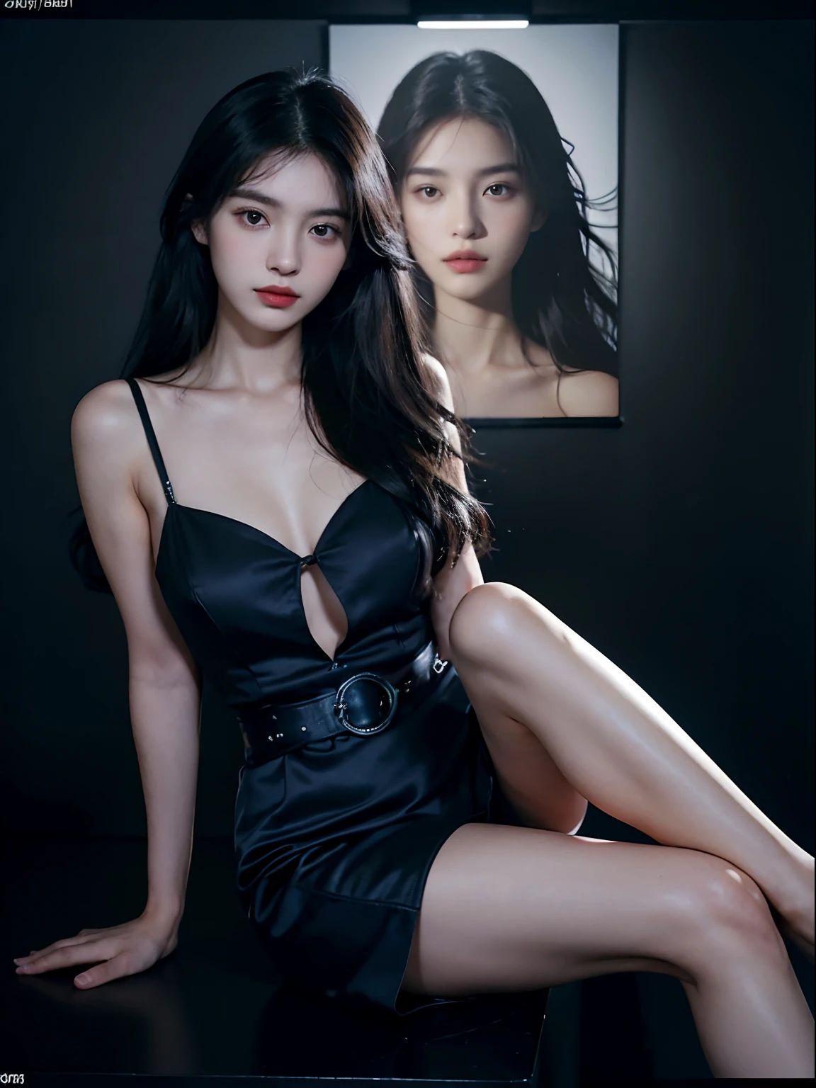 (lifelike,high resolution:1.3), A slim girl, The face shape and eyes are super delicate,(short black hair),red glossy lips,(beautiful face), (best quality), (Super detailed), (Extremely detailed CG unified 8K wallpaper),((Black sexy evening wear)),(White background),(cleavage),(Model photo),sexy look,big eyes,(standing),(Slim waistline),Eyes look at the audience,soft breasts,very realistic breasts,Character centered,White skin,layered hairstyle,Perfect body