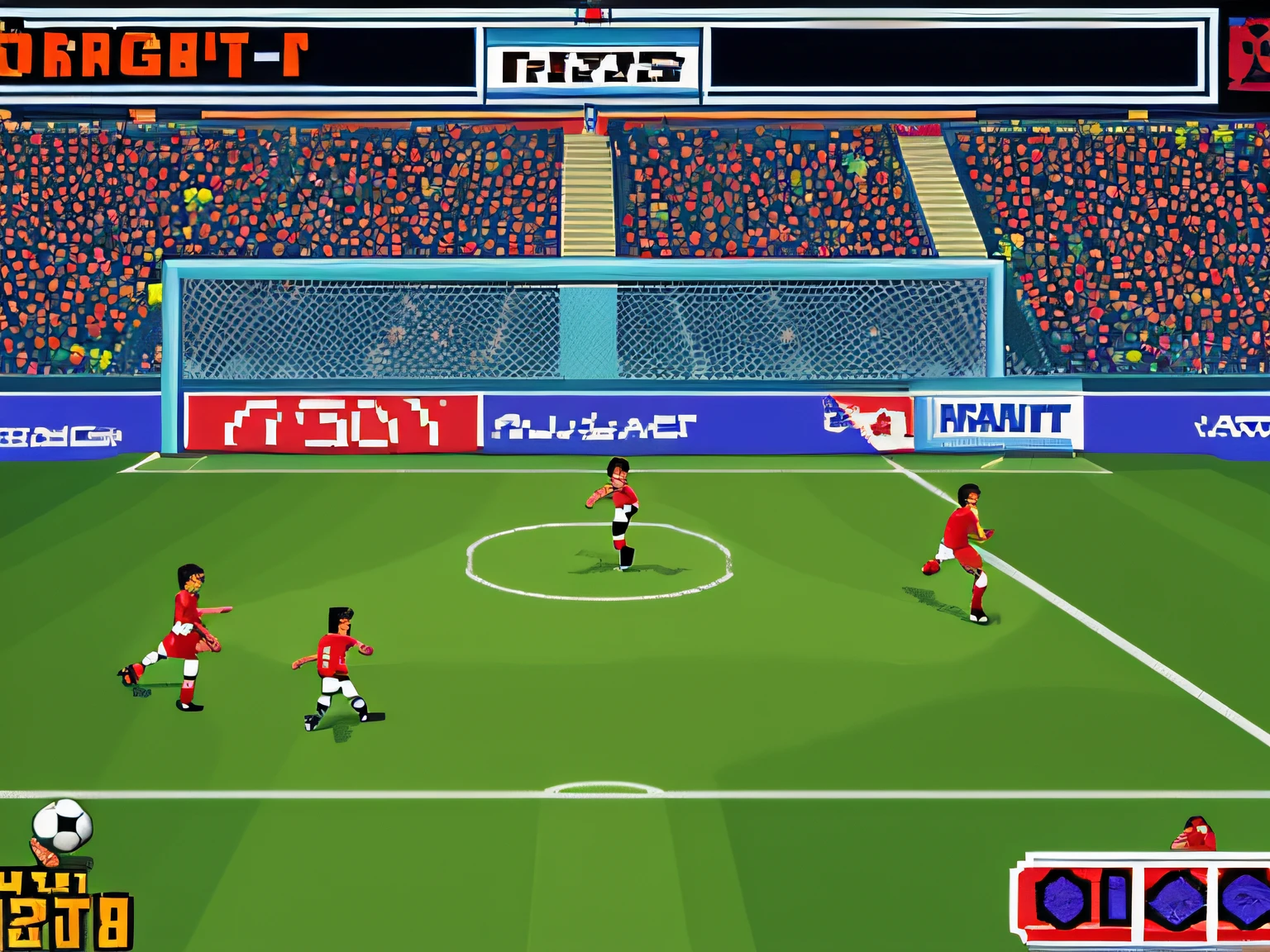 (old simple game, 16bit cpu 256 color, side-scrolling soccer game), (soccer goal), screenshot of game screen, (Masterpiece), (Best Quality),