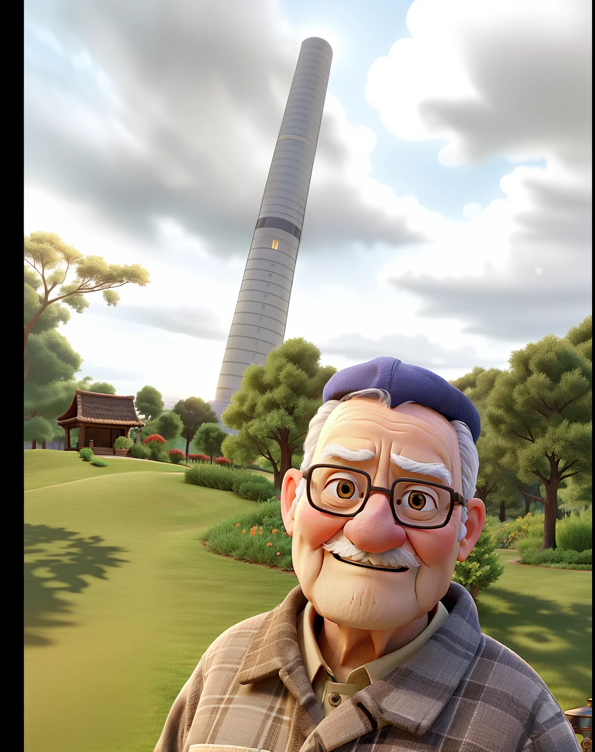 A wise old man standing in front, illuminated by the light of a lamp, against the backdrop of a library