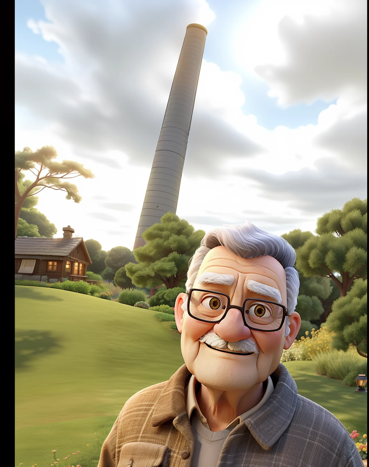 A wise old man standing in front, illuminated by the light of a lamp, against the backdrop of a library