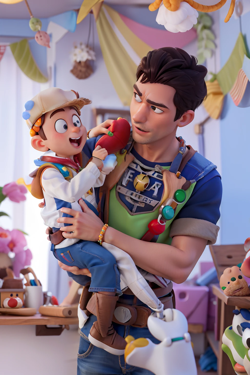 alta qualidade, rico em detalhes, pai e filho, brincos e colares, colorida, buzz, woody