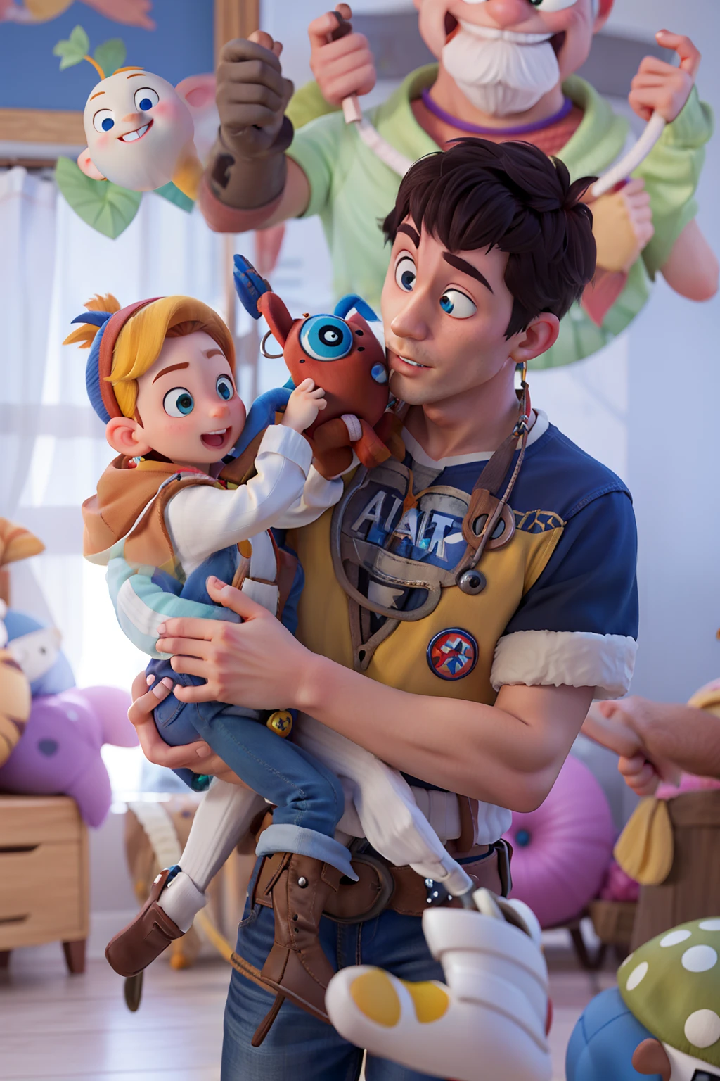 alta qualidade, rico em detalhes, pai e filho, brincos e colares, colorida, buzz, woody