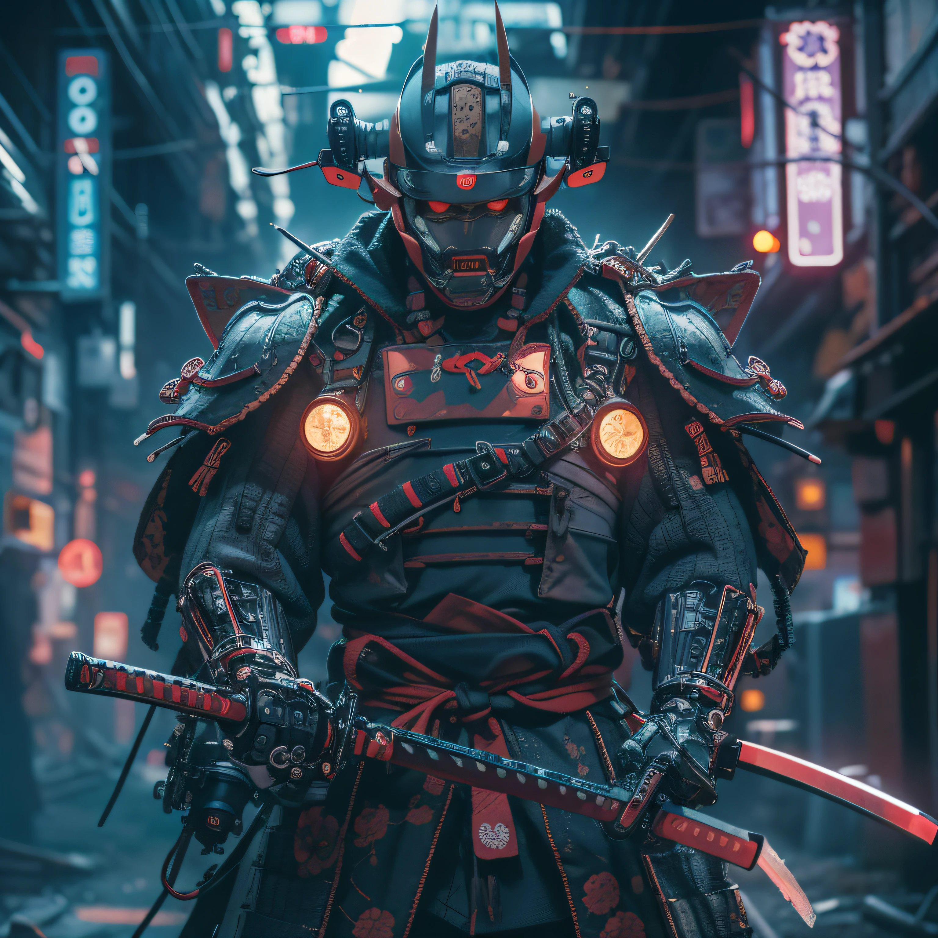 A cybernetic samurai in a dystopian environment, illustration by Hiroshi Tanaka, Fusion of traditional samurai elements with advanced technology, Bright eyes with cybernetic implants, armadura de alta tecnologia, Katana futurista, Neon and smoke on set (best quality), (8K resolution), (Ultra Highres)