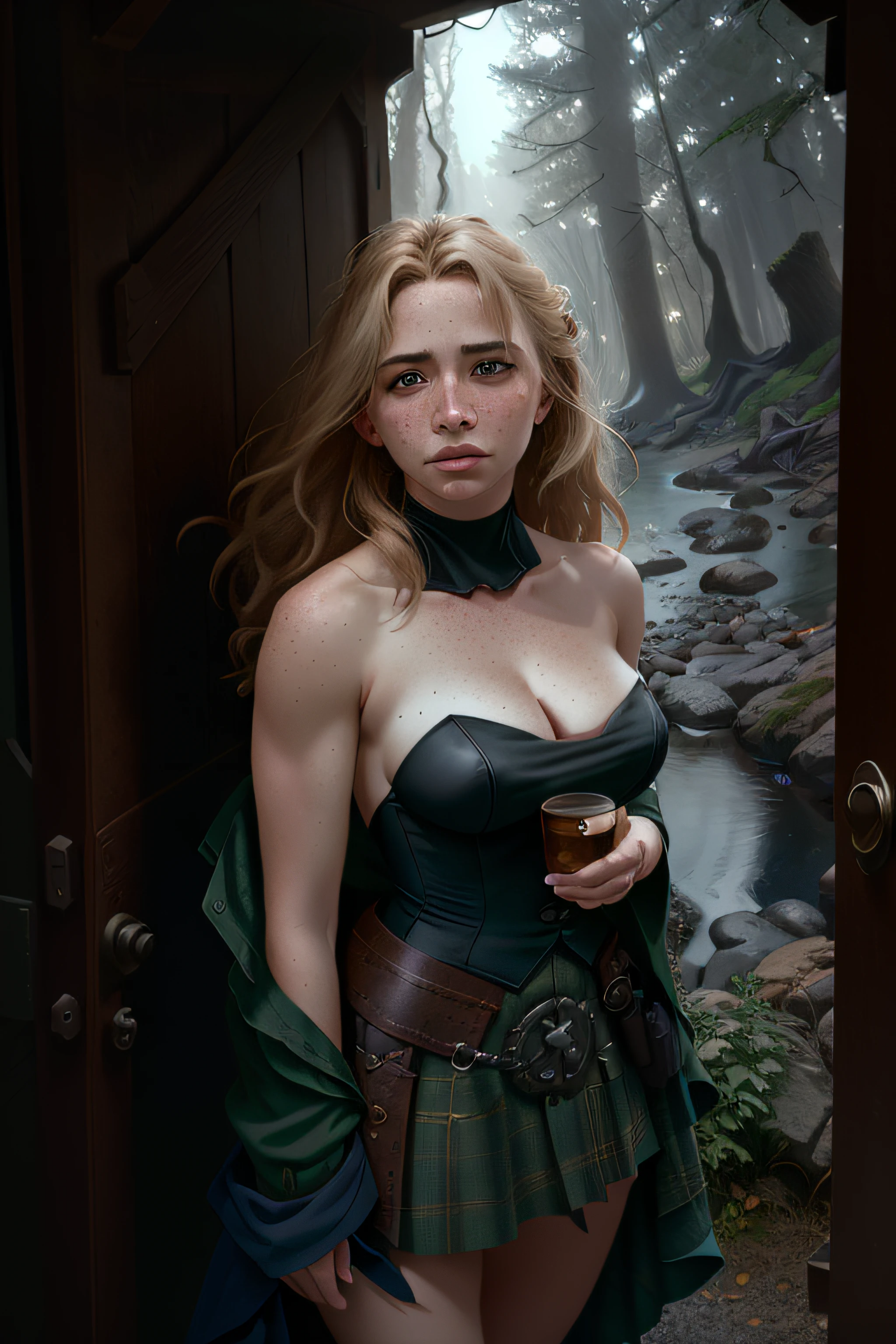 deep shadow, sinister, award winning photo, best quality, masterpiece, upper body, woman, freckled face, windblown blonde hair, emerald eyes, modern strapless dress by Jeremy Lipking, by Antonio J. Manzanedo, by lee jeffries nikon d850 film stock photograph 4 kodak portra 400 camera f1.6 lens rich colors hyper realistic lifelike texture dramatic lighting unreal engine trending on artstation cinestill 800, fisheye lens, Style-Kilt, windy beach, scottish loch, forest