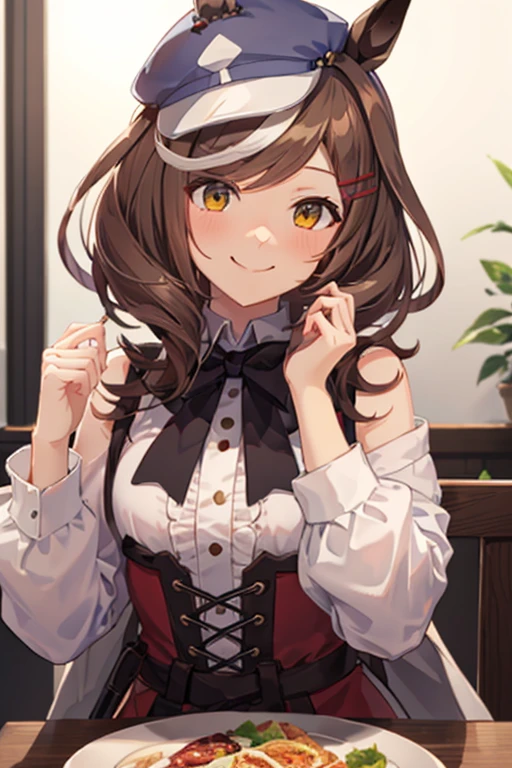 (masutepiece.top-quality).1 girl in.brown haired.short-cut.Yellow eyes.Horse-eared girl.Brown horse tail.a small hat in one ear,,,.(Hands up, Elbows on the table, face palm).Onegirl.(A smile:1.2)