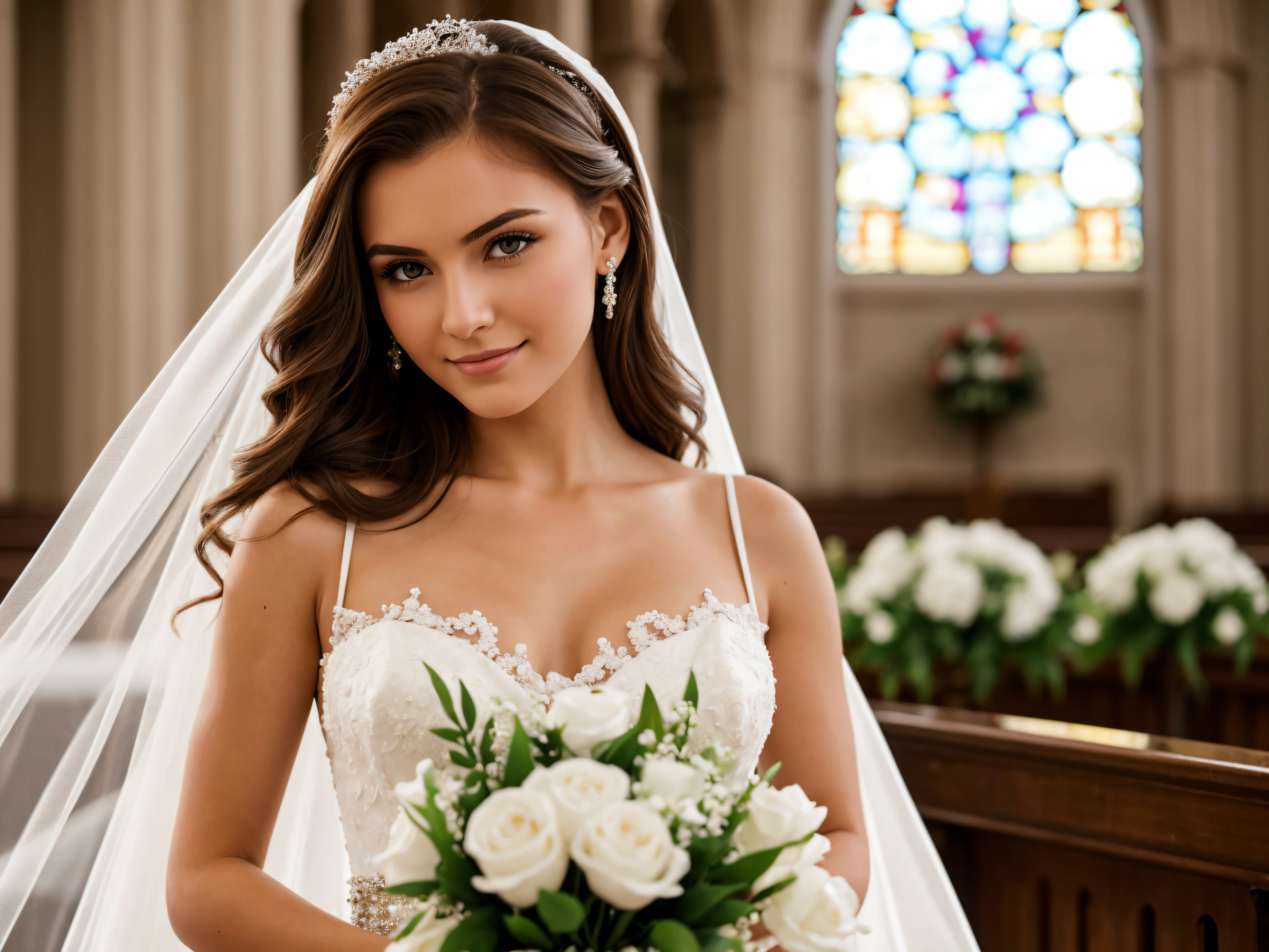 (close-up editorial photo of 20 yo woman, brown hair, slim russian sweetheart), high contrast eyes, ultra detailed skin, skin pores, vellus hair, wearing a weading dress, holding flowers, looking really happy, Blurred background of a church, high quality, good lighting, f1.2, Canon 85mm, pefect, detailed dress, white wedding dress, detailed sticking.
