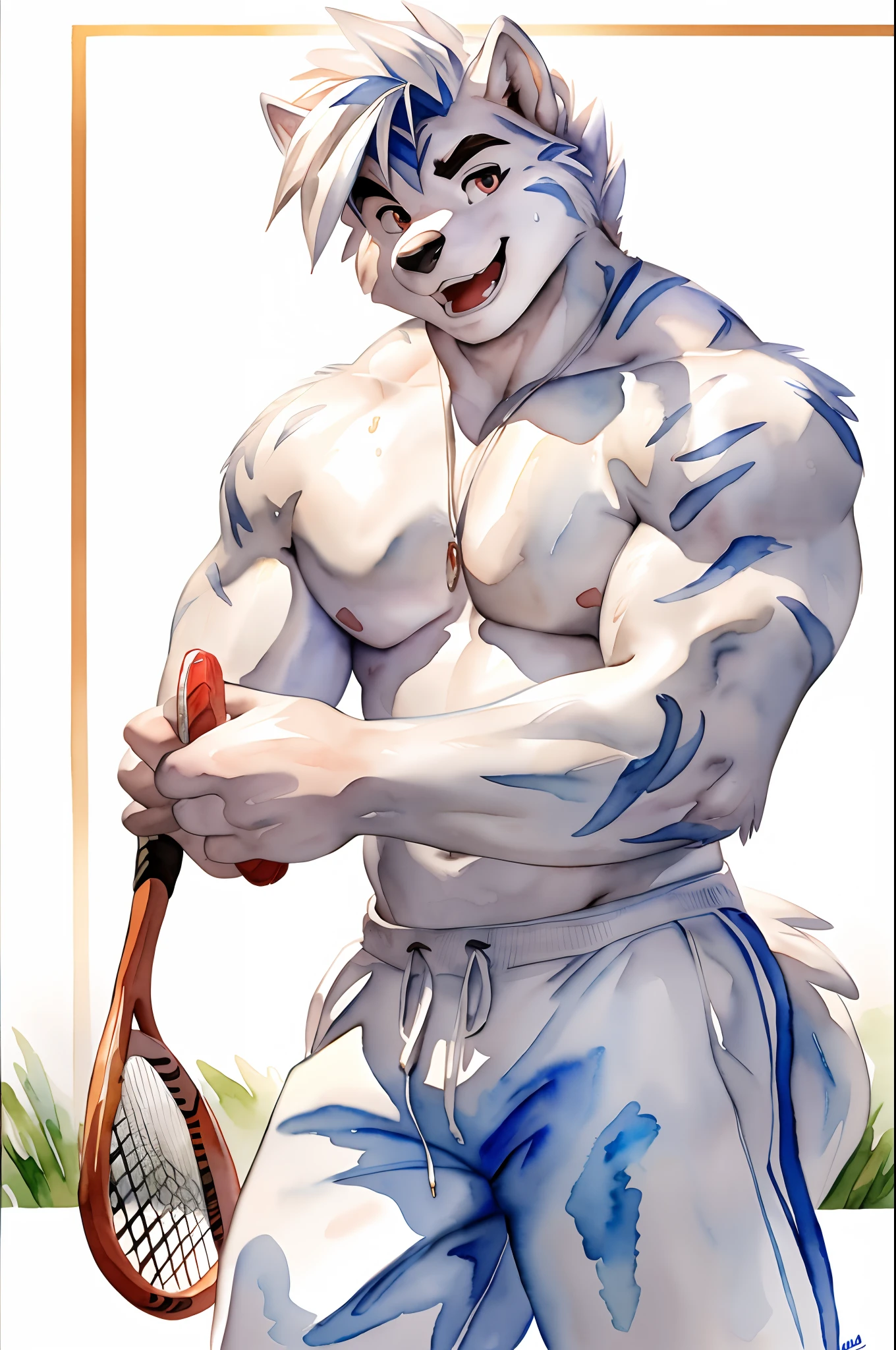 Hominidae, Pose for Camera. 4K, high resolution, Best quality, posted on e621, (Two anthropomorphic white wolves:1.2), Anthropomorphic white wolf, male people, 20yr old, Thick eyebrows, Light blue stripes, Ultra-short hair, shaggy, Strong body, large pecs, ((Shirtless)), They play tennis together, Pink milk clusters, sweat leggs, White leggings sweatpants, Small raised, on a grassy field, (sport, Muscular, Heavyweight:1.2), Correct anatomy, (White background, Watercolor background:1.1), (by Chunie, author:Taran Fidler:0.8), (Detailed eyes:1.2), Sexy, (cel-shaded:1.2), cartoon shading, (aquarelle:1.2), having fun, Be red in the face, (view the viewer:1.2), Look ahead